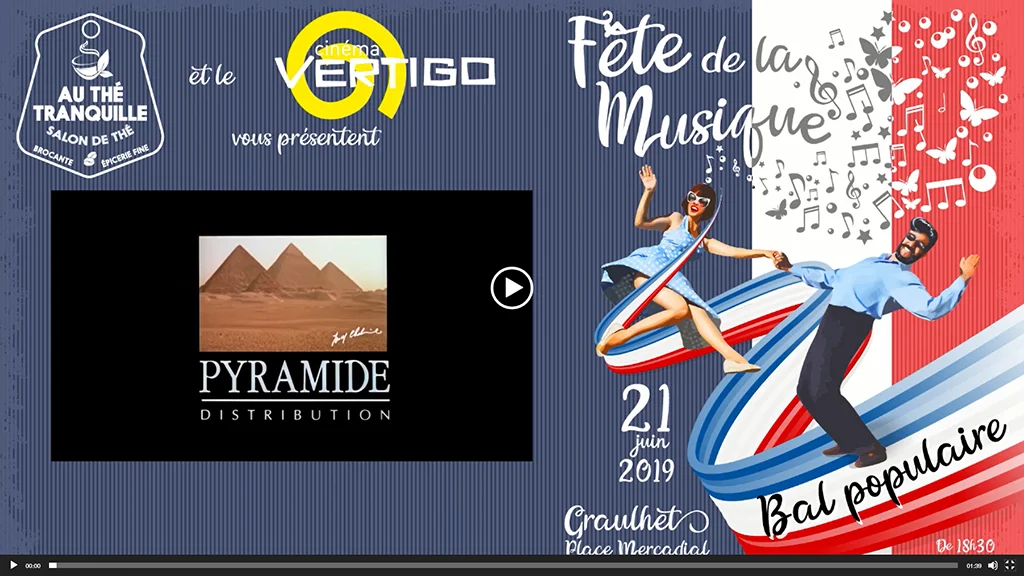 Habillage et vidéo d'annonce de la Fête de la Musique (Bal populaire) au cinéma Vertigo en 2019